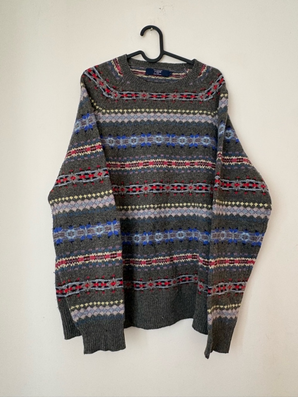 J. Crew 100% Lambswool Crewneck knit Sweater with Blue lRed Accents mens Large